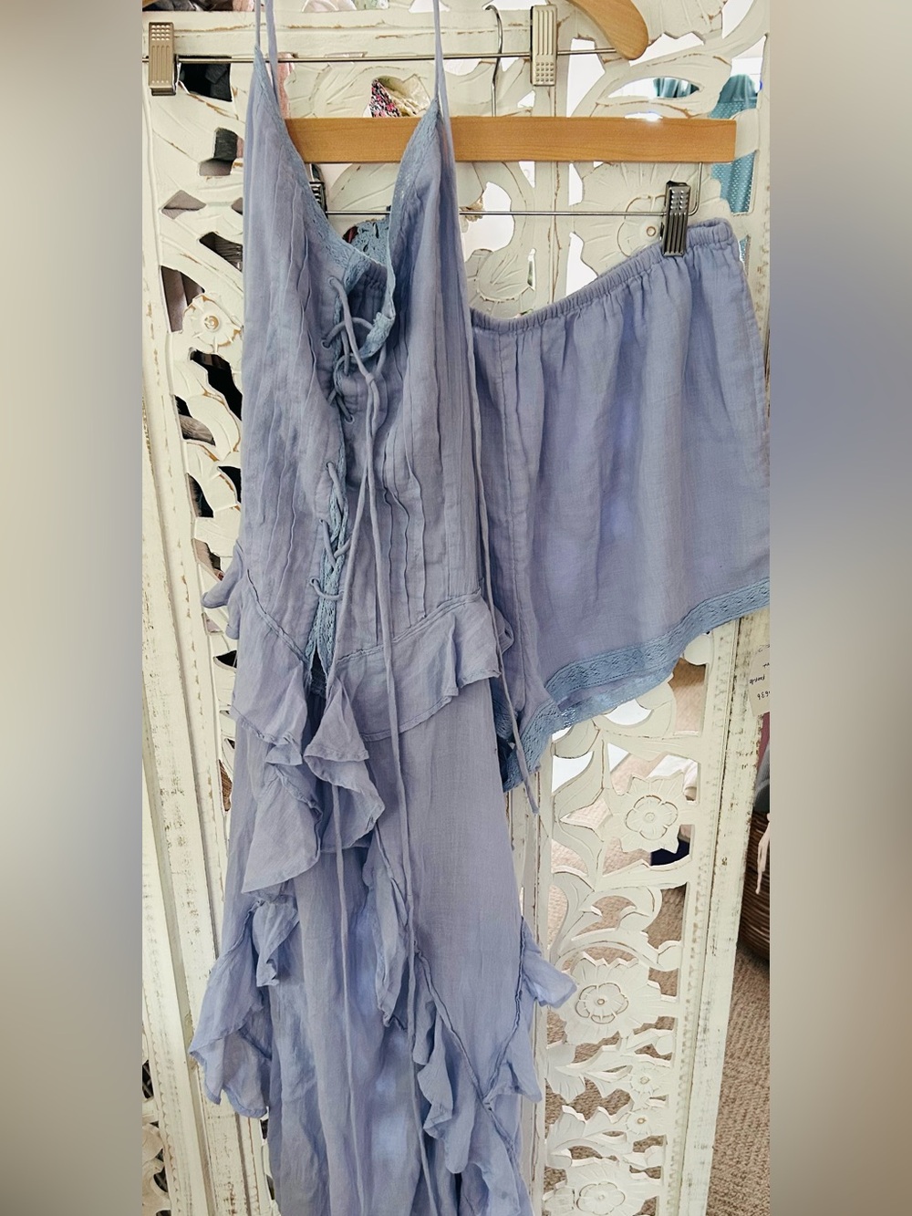 Free People So Breathless Lavender Ruffle Maxi Skirt Set, Size L /10